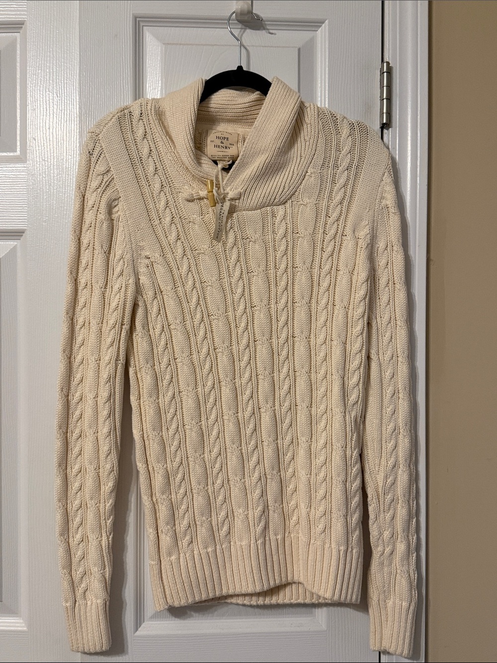 Cable Knit Shawl Collar Turtleneck Sweater - Cream